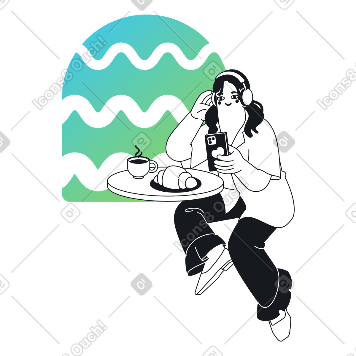 Frau mit kopfhörern schaut beim frühstück videos-Illustration im Breeze-Stil als Download in PNG, SVG