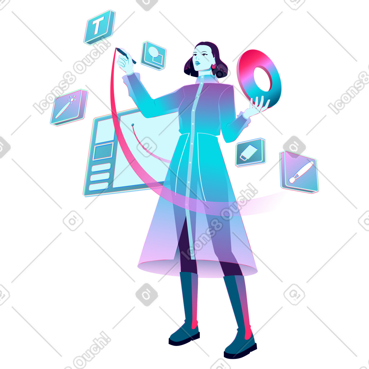 Designer interacting with graphic editor interface, UI prototyping and visual content creation illustration in Neon style download in PNG, SVG