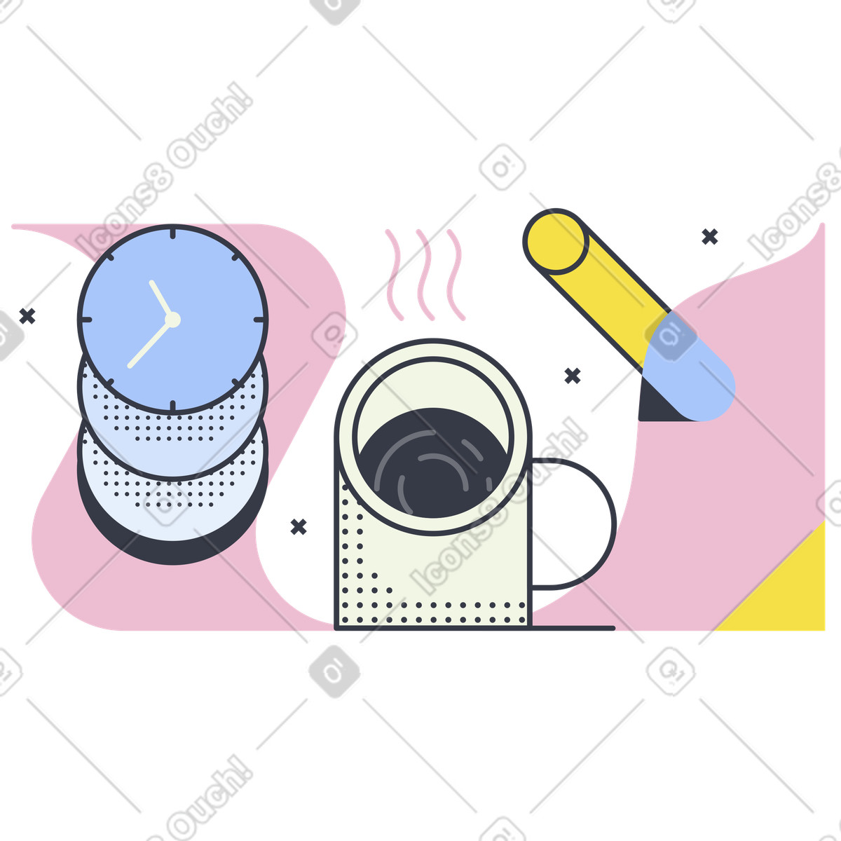 Steaming coffee mug with clock and pen, Boosting focus or recharging creativity illustration in Abstract style download in PNG, SVG