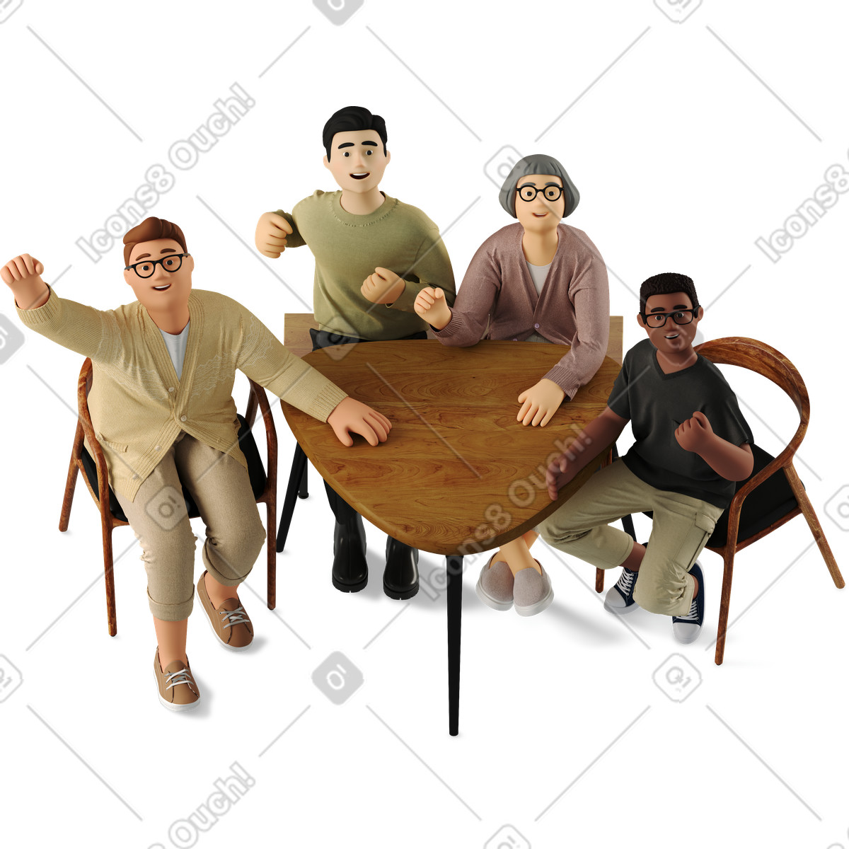 Ilustración Four colleagues joyfully raised their fists en estilo 3D Business a descargar en PNG y SVG