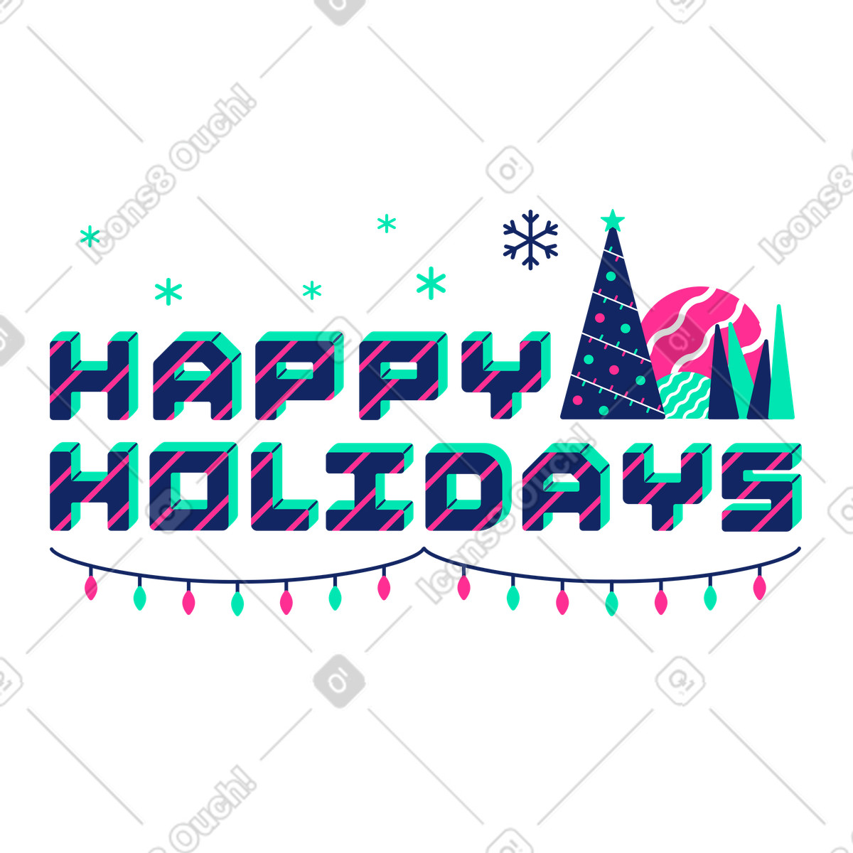 Buone vacanze scritte con albero di natale e ghirlanda illustrazione in stile Cyborg scarica in PNG, SVG