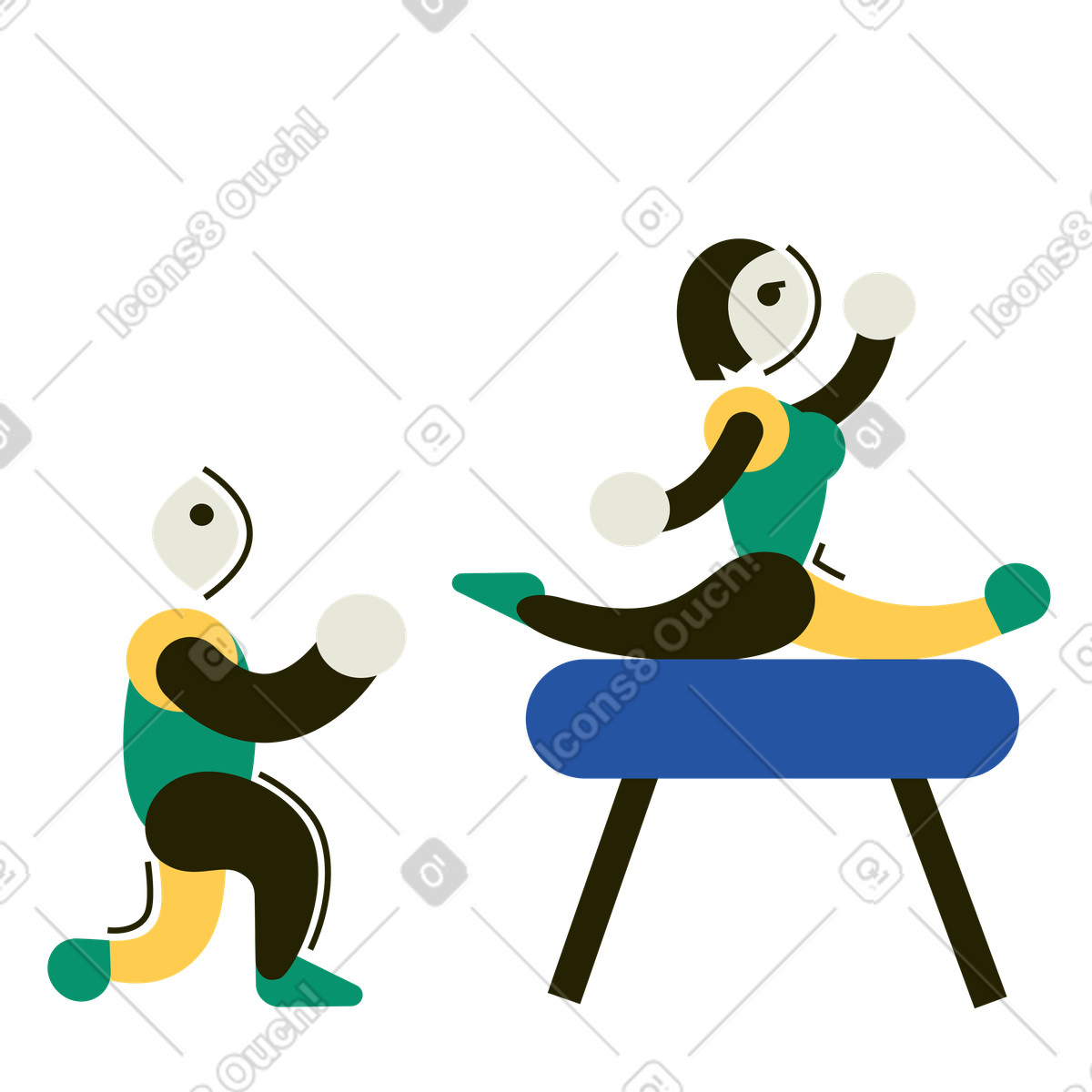 Ilustración Entrenador viendo a una gimnasta hacer splits sobre viga en estilo Spot descargar en PNG y SVG