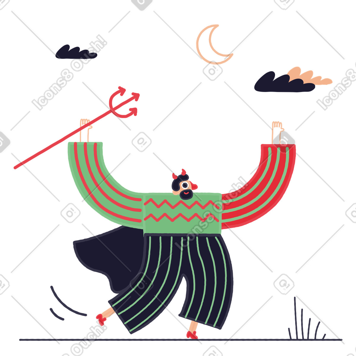 Ilustração de Homem fantasiado diabo caminhando do lado fora na noite halloween em no estilo Stripy para baixar em PNG, SVG