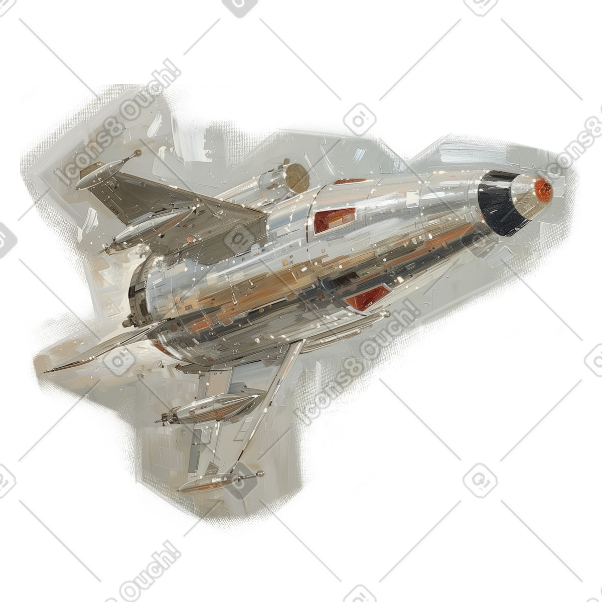 Pictorial スタイルの Oil painting of a silver flying rocket のイラストをPNG、SVG形式でダウンロード