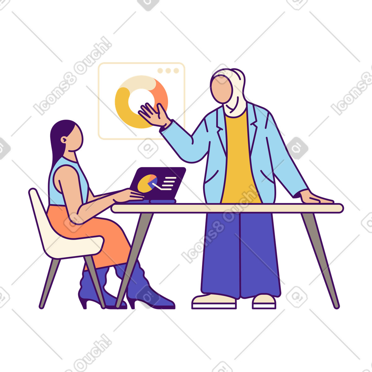 Illustration Femmes d'affaires discutant du projet d'équipe dans le style Simplistic à télécharger aux formats PNG, SVG