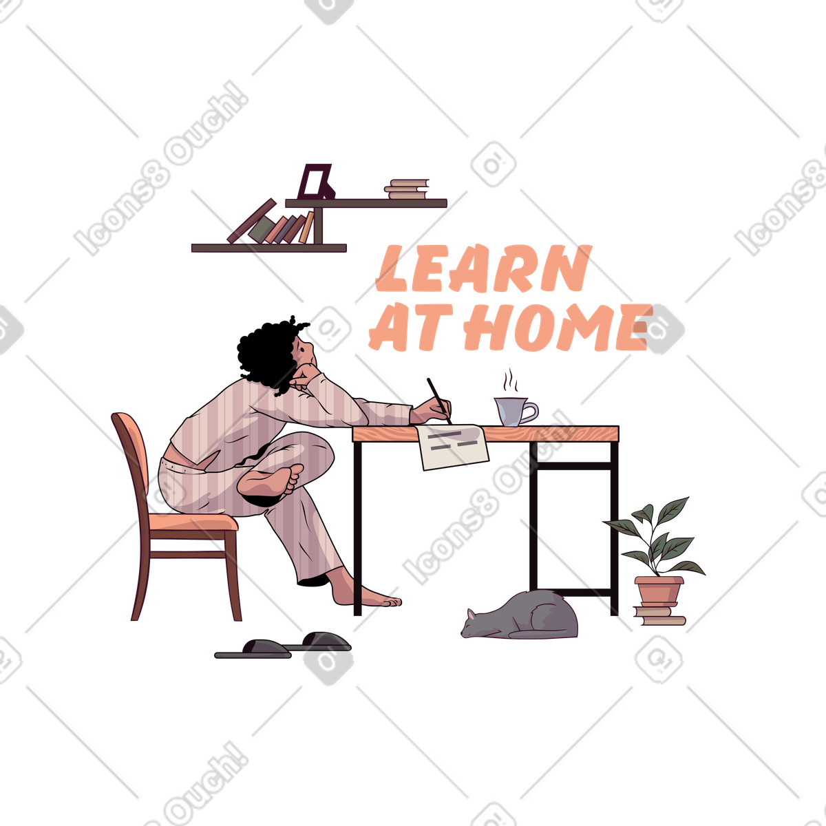 Learn at home text with a student doing homework illustration in Eastwood style download in PNG, SVG