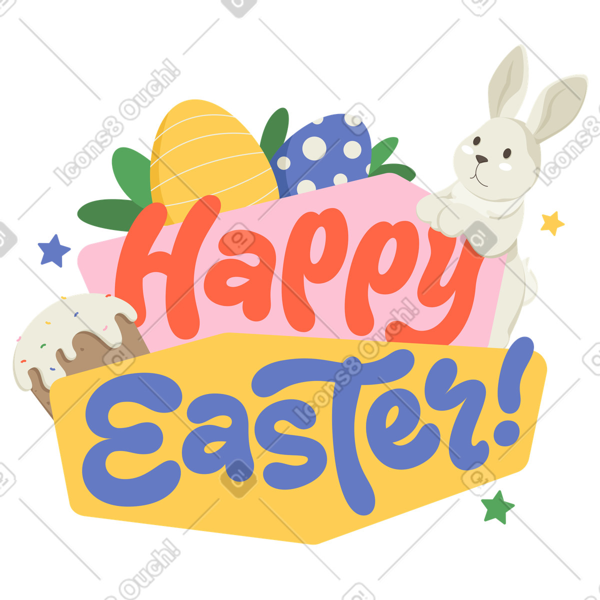 Ilustración Letras felices pascuas con huevos y texto de conejito juguete en estilo Social a descargar en PNG SVG