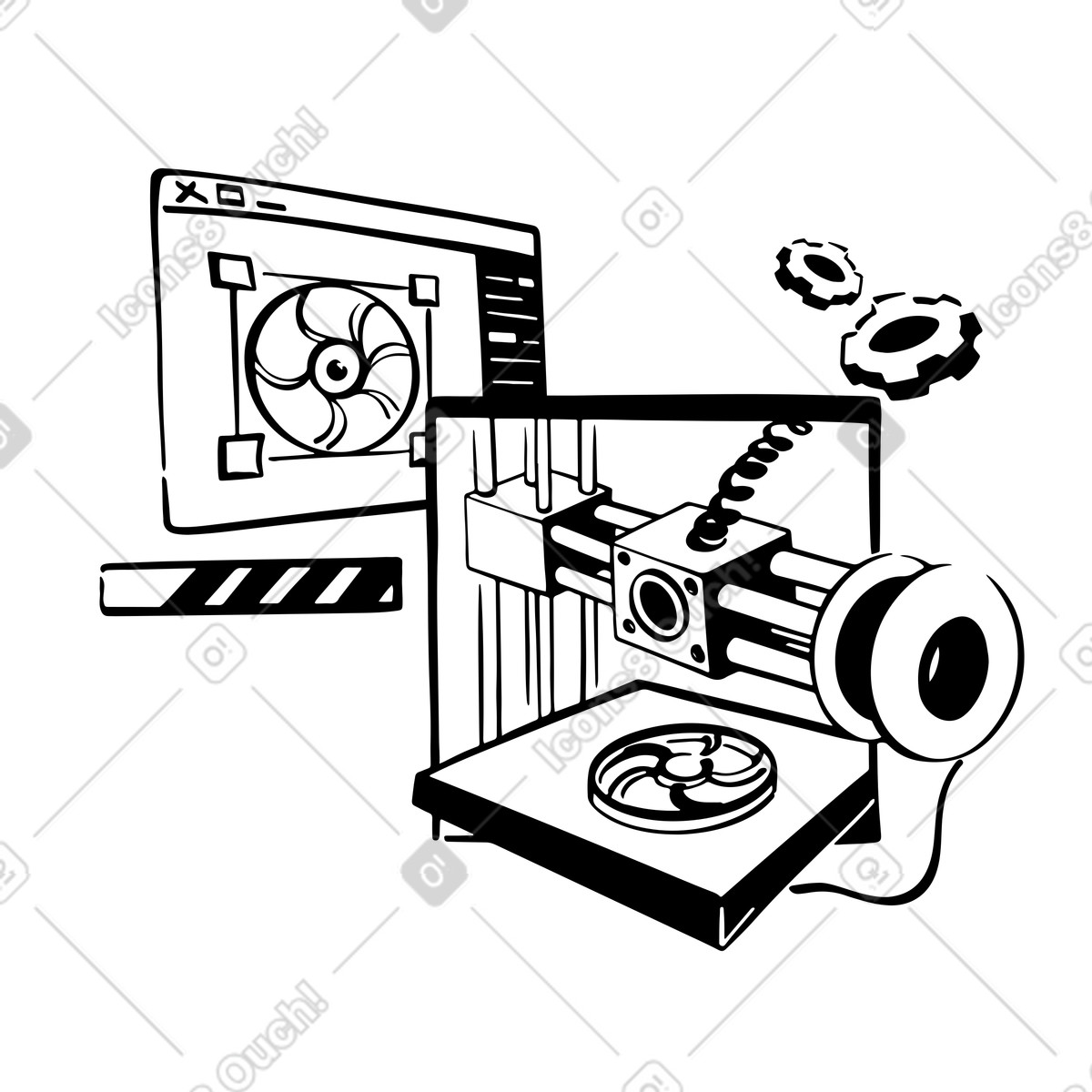 Ilustración Impresora 3d que crea piezas mecánicas, fabricación aditiva y creación de prototipos en estilo Line a descargar en PNG SVG