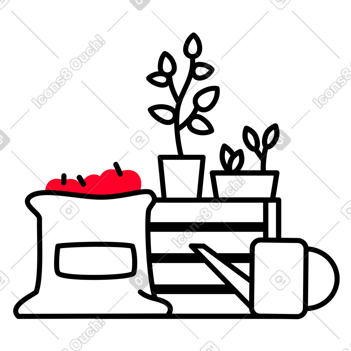 Apple harvest in a bag, potted plants on box and watering can illustration Transistor style download PNG, SVG