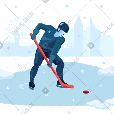 Un homme joue au hockey sur un lac gelé PNG, SVG