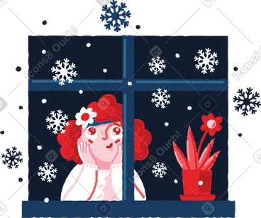 A woman looking out a window at snowflakes PNG, SVG