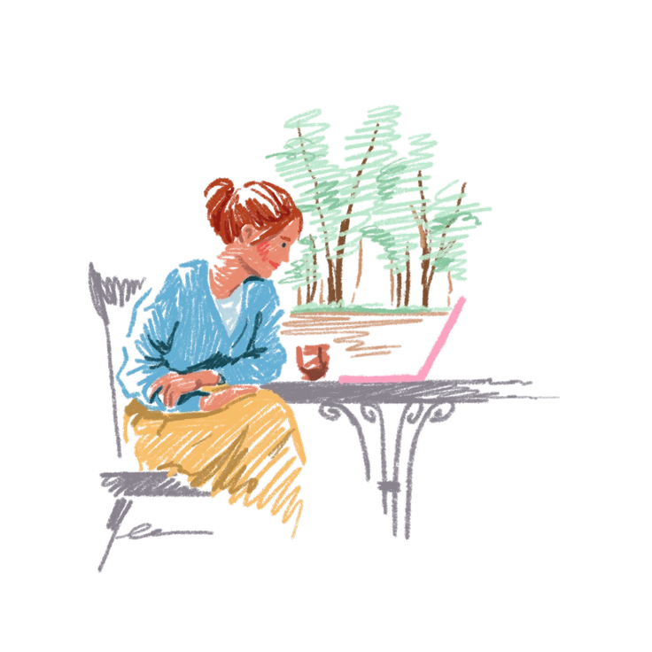 A woman sitting at a table with a laptop - Sketchbook style illustration