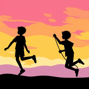 Silhouettes of children jumping rope are seen against a backdrop of a sunset. The sky is filled with vibrant colors, blending shades of orange, pink, and purple. The outlines of the children are dark against the colorful sky, capturing the joy of their playful activity. One child is mid-jump, while another holds the rope, with their hair and clothing gently moving in the breeze.