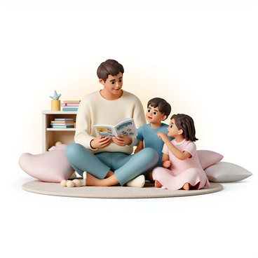 A parent, wearing a comfortable sweater and jeans, is sitting on a plush rug in a warmly lit room. They are holding an open book titled "Bandages" with colorful illustrations visible on the pages. Two children, a boy with short brown hair wearing a blue t-shirt and a girl with long curly hair wearing a pink dress, are sitting cross-legged next to the parent. The boy is pointing at a picture in the book, while the girl looks up with wide eyes, listening intently. Soft pillows are scattered around them, and a few plush toys are nestled nearby, adding to the cozy atmosphere. A shelf filled with books can be seen in the background, enhancing the storytime setting.