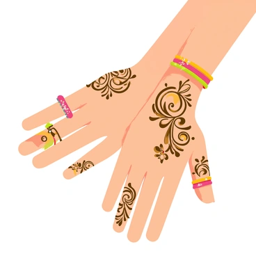A close-up of a cartoon Indian bride's hands with vibrant skin tone, showcasing intricate henna designs that spiral and flow over her fingers and palms. The henna patterns feature floral motifs and paisley shapes, artistically detailed with hints of deep brown and gold. Her hands are delicately posed, with fingers slightly curled to display the designs prominently. The bride is wearing colorful bangles in shades of red, green, and gold that adorn her wrists, complementing the henna. Tiny, sparkling gemstones on her bangles add an extra touch of elegance to the overall appearance.