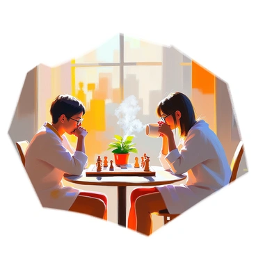 A cozy indoor scene featuring two people engaged in a game of chess at a small table. One person, with short brown hair and glasses, is thoughtfully contemplating their next move, while the other, with long dark hair, is sipping coffee from a white mug. The chessboard sits prominently on the table, displaying various pieces in mid-game. Sunlight streams through a nearby window, casting warm light across the table and highlighting the steaming cup of coffee. A small potted plant is also visible on the table, adding a touch of greenery to the atmosphere.
