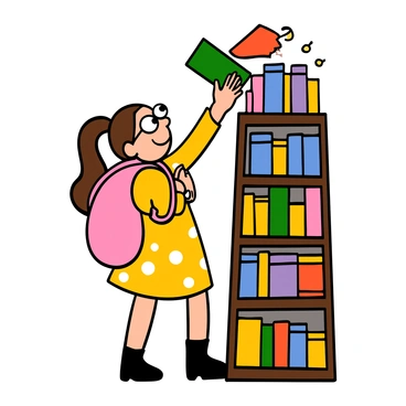 A cartoon girl with light skin and big eyes is standing in a library, looking up with curiosity as she searches for a book. She has straight brown hair tied in two pigtails and is wearing round glasses. The girl is dressed in a yellow dress with white polka dots and has a pink backpack slung over one shoulder. Surrounding her are tall shelves filled with colorful books, and she is reaching up to grab a book from the top shelf, showcasing her determination and enthusiasm for reading.