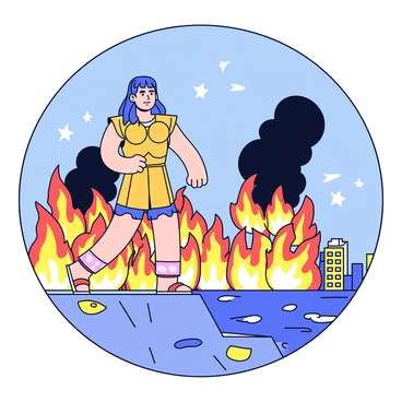 A tall warrior with long hair and a muscular build stands on a rocky outcrop. He is wearing a bronze breastplate that reflects the flames around him. His expression is focused and intense as he gazes toward the horizon. The city of Troy is visible in the background, with tall buildings engulfed in bright orange and yellow flames. Thick black smoke rises into the sky, contrasting against the clear blue. Sparks fly through the air, illuminated by the glow of the fire. The ground around Achilles is scattered with debris, remnants of battle.