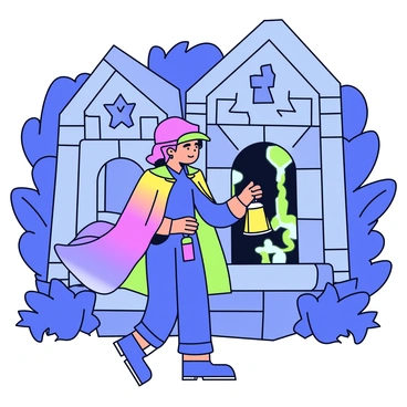 A magical explorer dressed in a colorful cloak is standing in front of ancient ruins. The ruins consist of weathered stone structures with intricate carvings. Mysterious symbols are glowing softly in shades of blue and green on the stones, illuminating the surrounding area. The explorer holds a lantern that casts a warm light, contrasting with the glow of the symbols. In the background, dense foliage partially obscures the ruins, adding an air of mystery to the scene.