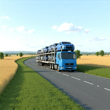 A large car transport truck is driving down a quiet rural road. The truck is painted in a bright blue color with multiple levels for transporting cars. The road is lined with green grass on both sides and stretches out into the distance. In the background, there are expansive fields of golden wheat swaying gently in the breeze. A few scattered trees dot the landscape, and the sky above is clear with a few fluffy white clouds. The scene evokes a sense of calm and spaciousness.