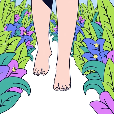 A pair of feet walking along a narrow path in dense jungle foliage. The feet are bare and slightly muddy, leaving footprints on the soft ground. Surrounding the feet are tall, vibrant green plants with large leaves and colorful exotic flowers. The dense foliage creates a lush atmosphere, with hints of sunlight filtering through the canopy above.