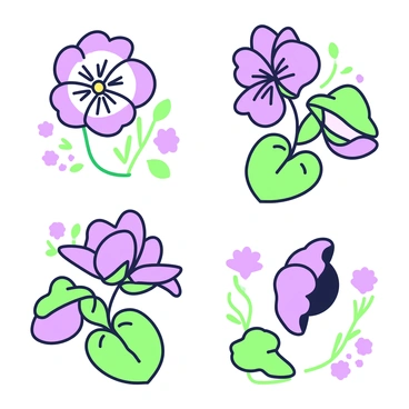A series of illustrations features a "pansy" flower in various poses and angles. The first illustration shows a "single pansy blossom" with delicate petals and detailed veining. The second features "a cluster of pansies" with rich detail, displaying multiple colors and textures. The third illustration captures "a pansy in profile," highlighting its unique shape and design. The background of each image contains subtle botanical elements, providing context while ensuring the focus remains on the "pansy" itself.