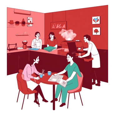 A red café filled with people engaged in various activities. In one corner, a group of three friends is sitting at a round table, laughing while one of them sips from a blue coffee cup. Another patron, a woman in a teal dress, is focused on reading a newspaper at the counter, her cup of coffee resting beside her. A barista, wearing a white apron, is busy preparing drinks behind the counter, steam rising from a machine. The walls are adorned with colorful art, and the ambient light creates a warm, inviting atmosphere.