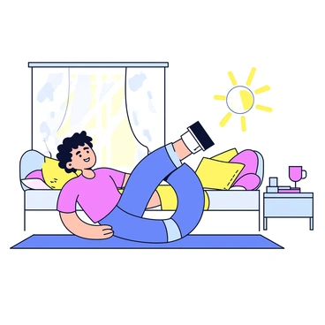 A bright morning scene featuring a person performing side-lying leg raises next to their bed. The individual is positioned on a mat, with one leg lifted off the ground in a straight line. The bed is unmade, with a light-colored comforter and fluffy pillows. Sunlight streams through a nearby window, casting soft shadows on the floor. A small bedside table holds a glass of water and a book. The room has a calm and fresh atmosphere, conveying the start of a productive day.
