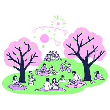 A cherry blossom festival is in full swing with cherry trees in full bloom, their branches laden with pink flowers. People are scattered on the grass, enjoying picnics with blankets spread out. Some families are seated, sharing food from baskets, while others are capturing moments with cameras. In the background, a small group is taking part in traditional games near the trees. Brightly colored lanterns are hanging from the branches, adding to the festive atmosphere. The sun is shining down, creating a warm and inviting ambiance for the celebrations.