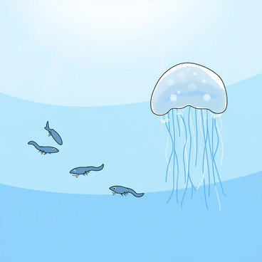 A small group of tiny krill, each shaped like small shrimp with segmented bodies and antennae, is drifting gracefully through the water. Nearby, a cluster of translucent jellyfish hovers, their bell-shaped bodies shimmering softly. The jellyfish have long, flowing tentacles that trail behind them, gracefully swaying as they move. The background features a soft blue ocean, with light filtering down from the surface, creating a serene underwater scene filled with gentle movement.