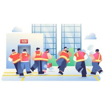 A group of recruits is practicing a fire drill at a training facility. They are wearing bright orange safety vests and black helmets. Some recruits are standing in a line while others are moving towards the exit. A large red fire alarm is mounted on the wall behind them. In the background, there is a tall building with large windows that reflects the sunlight. The ground is marked with bright yellow lines indicating emergency routes. Smoke from a smoke machine is gently rising, creating a realistic training atmosphere.