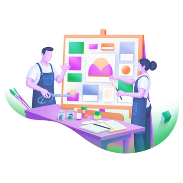A moodboard displayed on a wooden table, filled with various cut-out images showcasing different textures, color swatches, and design ideas. An artist is examining the moodboard, holding a large pair of scissors, and wearing a denim apron. The client stands beside the artist, pointing at a vibrant cut-out image of a sunset while jotting down notes on a notepad. Surrounding the moodboard are paintbrushes, sketchbooks, and small jars of paint in pastel colors. The atmosphere is focused and collaborative.