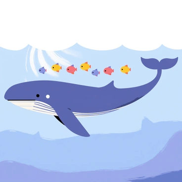 A large blue whale gliding gracefully through clear blue water. The whale has a streamlined body and flippers, with a visible texture on its skin. Behind the whale, a vibrant trail of small tropical fish in various colors, such as yellow, orange, and blue, is swimming closely in a synchronized formation. Sunlight filters through the water, casting shimmering patterns on the ocean floor below.