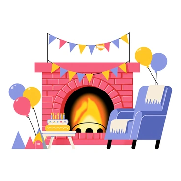 A cozy fireplace with a brick surround and warm flames flickering inside. Above the mantel, colorful birthday decorations including "Happy Birthday" banners in bright colors are hanging. There are balloons in shades of blue, yellow, and red, floating around the room. A table nearby is set with a colorful birthday cake topped with candles and a few party hats scattered around. A comfortable armchair is positioned close to the fireplace, with a cozy blanket draped over it. The overall atmosphere is festive and inviting.
