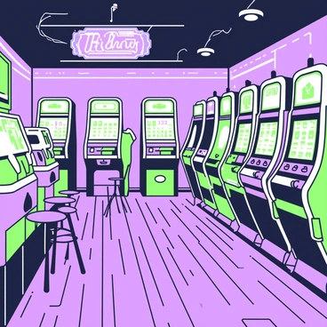 A vintage arcade is filled with old slot machines arranged in neat rows. The arcade is dimly lit, with soft light casting shadows across the wooden floor. Each slot machine displays faded graphics, and layers of dust cover their surfaces, indicating years of neglect. There are a few empty stools in front of the machines, and an old jukebox stands in the corner, its colorful lights flickering faintly. In the background, a retro neon sign hangs above, partially obscured by the dust. The atmosphere is nostalgic, evoking memories of a bygone era.