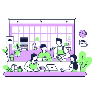 A modern urban café with large windows is filled with people enjoying coffee. In the foreground, a group of three individuals is seated at a table, one person is holding a green cup, while another is typing on a laptop. A barista behind the counter is pouring coffee into a mug, with a display of pastries visible on the side. There are a few potted plants placed around the café, and a chalkboard menu hangs on the wall. The ambiance suggests a lively atmosphere filled with conversation.