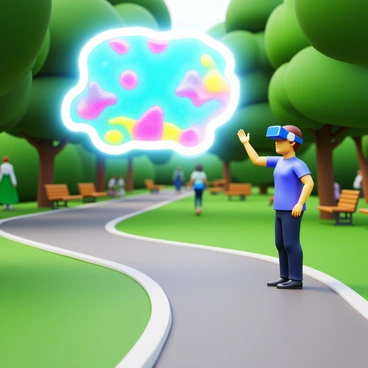 A person using an AR device to interact with a virtual art piece in a public park.