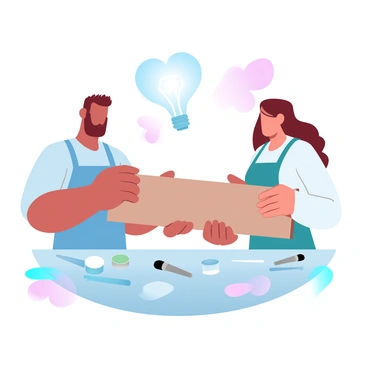 A man and a woman are engaged in a DIY project together. The man is holding a wooden plank while the woman is measuring it with a tape measure. Both are wearing aprons, and there are various tools scattered on a workbench beside them. A bright light bulb hangs above them, casting a warm glow on their workspace. There are colorful paint cans and brushes nearby, suggesting they are also adding some decorative elements to their project. A large heart shape is visible above them, symbolizing their teamwork and enjoyment in the process.