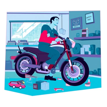 A mechanic with medium skin tone and short black hair is focused on a motorcycle in a cluttered garage. The motorcycle is on a lift, with parts scattered around it including tools, wrenches, and oil cans. The garage has shelves filled with various car parts and tires, creating a busy atmosphere. Sunlight filters through a small window, illuminating the mechanic's concentrated expression as he tightens a bolt on the motorcycle's engine. "Safety first" is written on a poster on the wall, emphasizing the importance of precautions in the workspace.