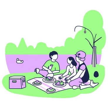 A family is enjoying a picnic by a lake. In the foreground, there is a colorful picnic blanket spread on the grass. On the blanket, there are plates filled with sandwiches and fruit. A cooler sits close by, with a fishing pole resting against it, the line extending towards the water. In the background, the calm lake reflects the surrounding trees. A few ducks are swimming near the shore, completing the tranquil scene.