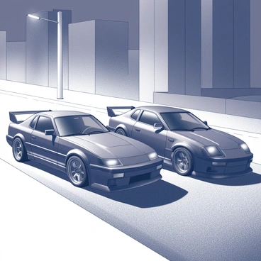 Two modified cars are positioned side by side on a dimly lit urban street, ready to race. The first car features an aggressive body kit, with a low profile and wide fenders, showcasing its sleek and aerodynamic design. It has prominent racing stripes running along its sides. The second car has a rounded shape with distinctive modifications, including an eye-catching rear spoiler and upgraded alloy wheels. Streetlights cast shadows on the asphalt, highlighting the reflections on the cars' polished surfaces. Nearby buildings loom in the background, their outlines partially obscured by a light mist, creating an intense atmosphere for the race.