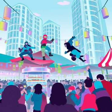 A vibrant festival scene in Ninjago City filled with a large crowd of diverse characters. Ninjas dressed in colorful outfits are showcasing impressive martial arts moves, executing flips and spins in the air. Colorful banners and lanterns hang above, creating a festive atmosphere. Food stalls are visible, with vendors serving various dishes to excited festival-goers. In the background, towering buildings with distinct architectural designs reflect the unique culture of Ninjago City. The sky is clear, and the atmosphere is energetic, with spectators cheering and clapping for the performing ninjas.