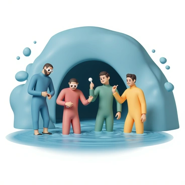 A group of four divers, wearing colorful wetsuits, is gathered in front of a large underwater cave entrance. The first diver, wearing a blue wetsuit and black fins, is checking equipment, while the second diver, in a red wetsuit, is adjusting their mask. The third diver, dressed in a green wetsuit, is holding a waterproof flashlight, pointing it towards the cave. The fourth diver, in a yellow wetsuit, is giving a thumbs-up sign, smiling as they prepare for the dive. Bubbles are rising around them, and the water is a rich blue, reflecting light from above.