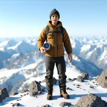 A hiker with a rugged appearance, wearing a waterproof jacket and a warm beanie, stands at the summit of a snow-capped mountain. The hiker has a determined expression on their face as they hold a silver compass in one hand, reflecting the strong sunlight. The mountain surroundings are vast, featuring rocky terrains and patches of snow glistening under the clear blue sky. In the background, distant mountains stretch away, creating a breathtaking view. The hiker's other hand is on their hip, emphasizing a stance of confidence and readiness for adventure.