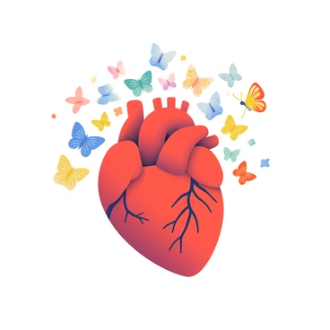 A human heart is centrally positioned, rendered in realistic detail with veins and arteries attached. The heart is bright red, showing its anatomical features clearly. Emerging from the heart, a swarm of butterflies begins to form, transitioning from the heart's surface to vibrant colors. The butterflies are various sizes and colors, including blue, yellow, and orange, with intricate patterns on their wings. They flutter outward, creating a dynamic, flowing motion as they disperse into the surrounding space. The transformation captures a sense of movement and life emanating from the heart.