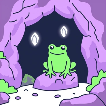 A frog is sitting on a rock at the entrance of a dark cave, peering into the depths. The cave walls are textured and uneven, with shadows casting around the edges. In the background, there are multiple glowing crystals embedded in the cave walls, casting a soft light that illuminates the surroundings. The frog has a curious expression, with its eyes wide open, ready to hop deeper into the cave. The ground is uneven with scattered pebbles and patches of moss. The scene captures a sense of adventure and exploration.