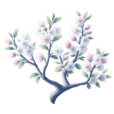 Branches of an apple tree laden with delicate flowers. The flowers are primarily white with subtle hints of pink, creating a soft contrast throughout the branches. The tree's bark has a rough texture, and the leaves are lush and green, framing the blossoms beautifully. The scene is filled with numerous flowers, each displaying intricate petals, accentuating the vibrancy of spring. The sunlight filters through the branches, casting gentle shadows that enhance the details of the flowers and leaves.