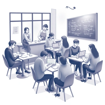 A coffee shop interior filled with local illustrators engaged in conversation. Several tables are occupied by groups of artists, each with sketchbooks and laptops open. Some illustrators are animatedly discussing their work, while others are sketching or taking notes. A large chalkboard on the wall displays a variety of doodles and notes. The atmosphere is relaxed, with warm lighting and coffee cups on the tables. A barista is seen preparing drinks behind the counter, adding to the lively setting. The scene captures a creative energy as ideas are shared and connections are made.