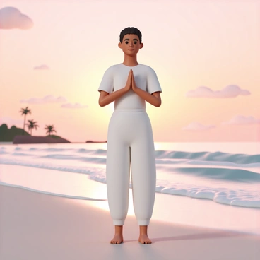 A person, wearing loose-fitting white yoga clothing, is standing in a meditative pose with their hands in front of their chest. The beach is calm, with soft waves gently lapping at the shore. The sky is painted in shades of orange and pink as the sun rises on the horizon. Light reflects on the water's surface, creating a shimmering effect. In the background, there are a few distant palm trees silhouetted against the vibrant sky. The sand is smooth and untouched, enhancing the sense of tranquility in the scene.