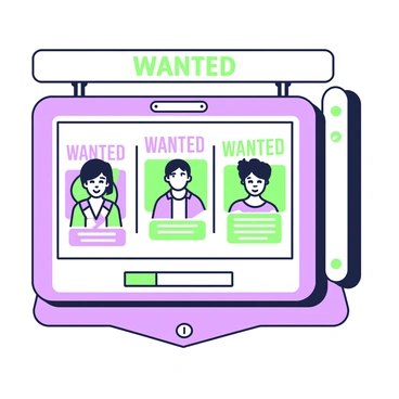 A high-tech bounty board is mounted on a sleek wall. The board is rectangular and features a bright digital screen. Various "wanted" posters are displayed prominently, each showcasing a different character with an animated image that moves subtly. The posters have bold text that reads "WANTED" at the top, followed by the character's name and a description below. The characters portrayed are diverse, with unique hairstyles and outfits. The background of the bounty board glows softly, creating a futuristic atmosphere.